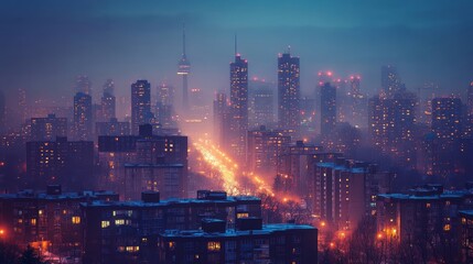 Fototapeta premium A nighttime cityscape featuring illuminated skyscrapers and a foggy atmosphere.