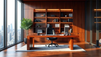 Fototapeta premium Highly sophisticated office setting featuring a modern desk and an intricate wooden bookshelf, complete with a panoramic city window view, creating an inspiring and organized workspace.