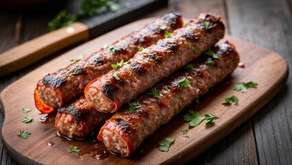 Serbian ćevapi grilled minced meat sausages closeup