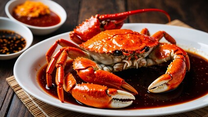 Singaporean chili crab with sweet and spicy sauce closeup