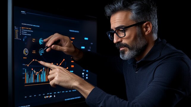 Data Driven Decisions: A focused businessman analyzes insightful charts on a large computer monitor, showcasing the power of data-driven decision making in the modern business world. 