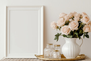 A blank white card for mockup on the wooden table and vase with flowers
