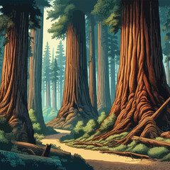 Obraz premium Majestic forest with ancient redwoods illustration