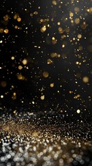 A luxurious glistering gold confetti spray on a black background 2026 - 2027 perfect for festive invitations, VIP events, or holiday celebrations, adding an elegant and shiny touch to.