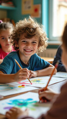 Fototapeta premium Several happy boys and girls are engaged in a lively drawing activity in a bright classroom, with a smiling boy at the center, enjoying the creative process and learning environment.