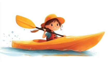Naklejka premium Cute cartoon character of a girl kayaking in water