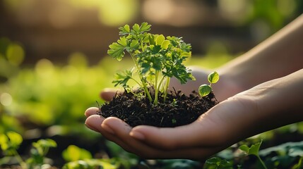 A person holding a small plant in soil, symbolizing growth and nurturing the environment.