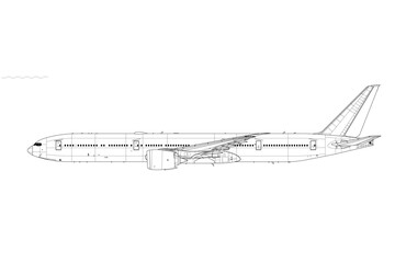Boeing 777-9. Vector drawing of long-range, passenger jet airliner. Side view. Image for illustration and infographics.