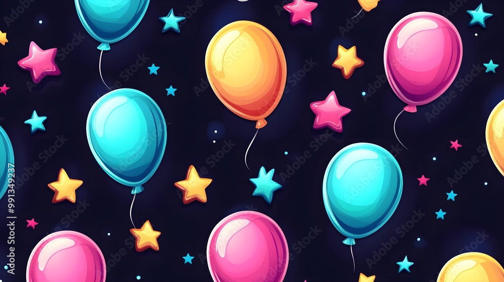 Wall mural Colorful Balloons and Stars on a Black Background