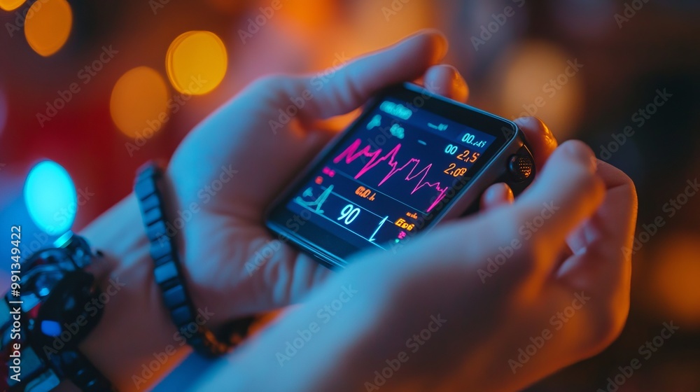 Poster a person holds a device displaying a heart rate monitor with various readings and a colorful backgro