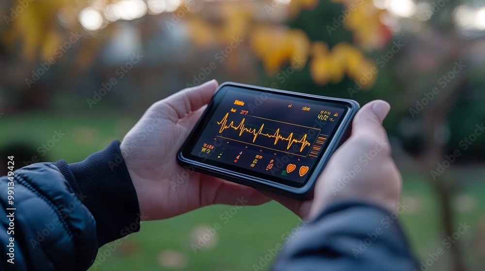 Poster a person holds a device displaying a heart rate monitor in an outdoor setting.