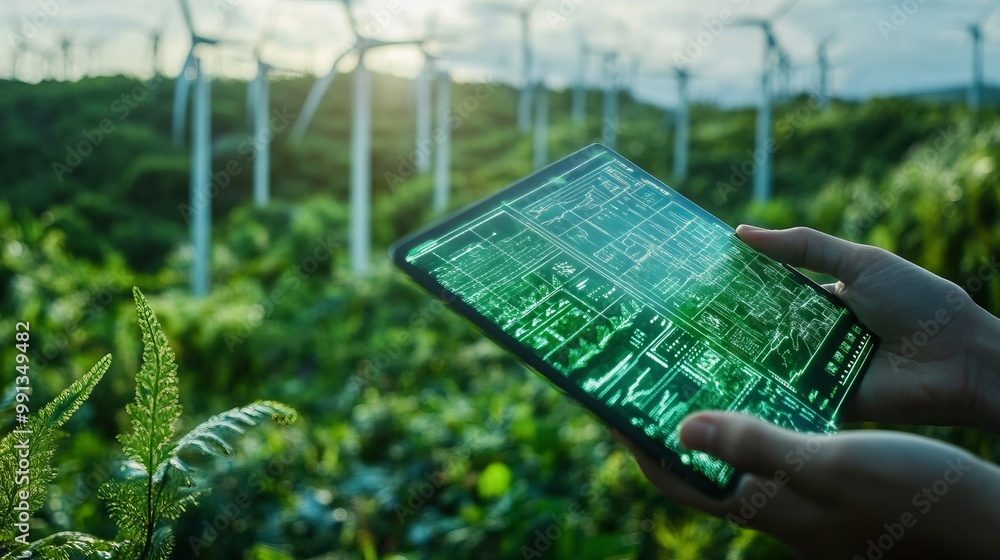 Poster a person holds a digital tablet displaying data in a lush landscape with wind turbines.