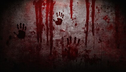Fake Bloodied Handprints Streaked Across a Grungy Wall, Symbolizing Horror, and Desperation in a Dark, Disturbing Scene with Dripping Red Marks Set Against a Dirty, Textured Halloween Background