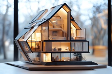 A Cutaway Model of a Modern Glass and Wood House