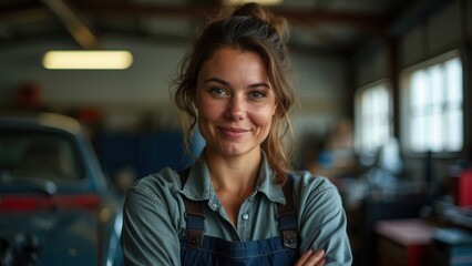 A confident woman in overalls stands firmly with arms crossed in a well-organized yard, embodying skill, independence, and craftsmanship in a space filled with professional tools.