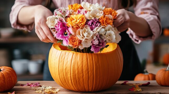 Florist arranging flowers in a pumpkin for autumn decor, fall floral arrangement