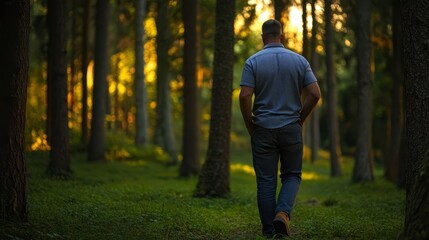 A man walks through a quiet forest