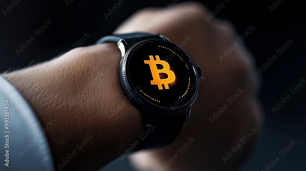 Poster time is bitcoin: a close-up of a sleek smartwatch displaying the iconic bitcoin symbol on its digita
