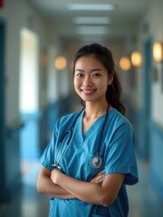A nurse in scrubs stands with arms crossed, smiling confidently in a brightly lit hospital corridor, illustrating care, empathy, and dedication within healthcare environments.