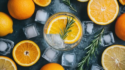 A flat lay of sparkling water with citrus slices and ice cubes in a clear glass, surrounded by fresh lemons, oranges, and sprigs of rosemary on a stone surface.
