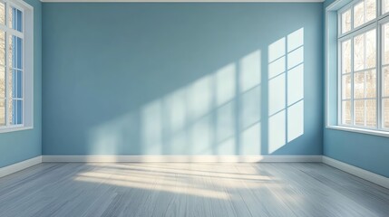 Fototapeta premium Bright and airy empty room with blue walls and large windows creating a serene atmosphere in natural light.