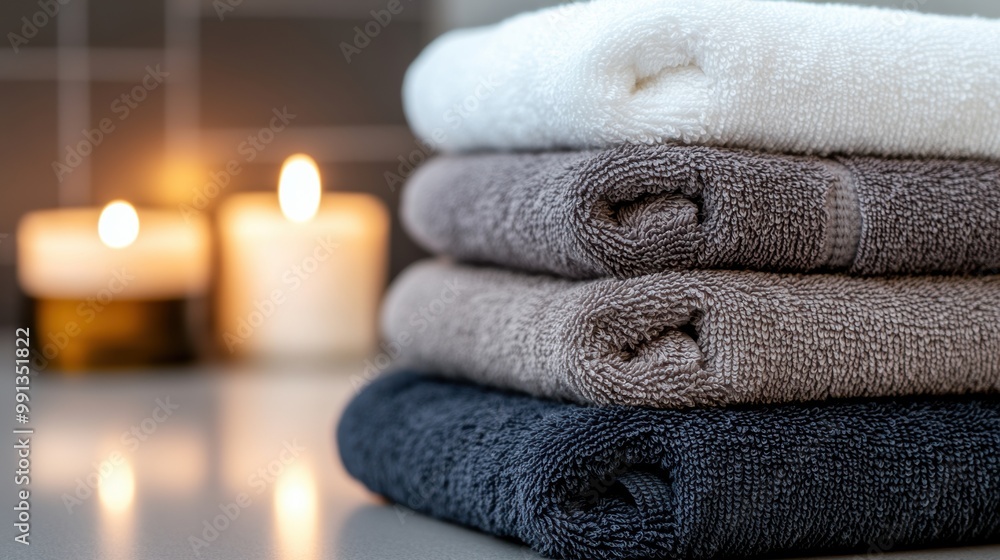 Poster a stack of towels on a counter with candles in the background, ai