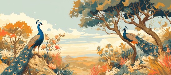 Graphic illustration featuring peacocks and trees suitable for interior projects such as wallpaper murals posters home decor cards and packaging designs