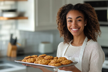 Young woman is holding a tray of freshly baked cookies, smiling at the camera
