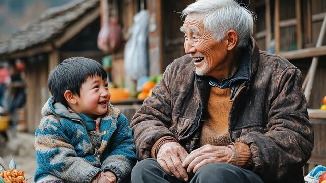 An emotional moment in a village square where elders are teaching children traditional farming techniques, passing down wisdom and skills through generations.