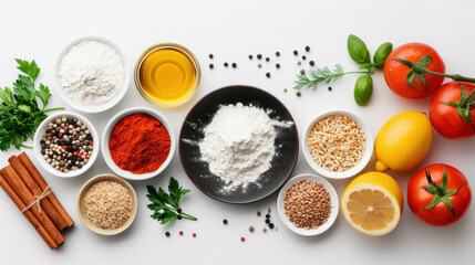 Assorted Cooking Ingredients: Flour, Spices, Herbs, and Fresh Vegetables on White Background.