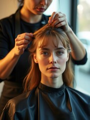 Fototapeta premium A woman in a hair salon gets her hair styled, exuding calmness and relaxation, captured in a serene atmosphere that highlights personal care and transformative beauty treatments.