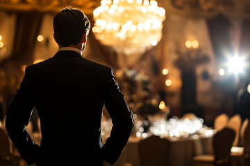 background with a man attending a formal event, with refined decor and sophisticated ambiance