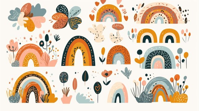 Fototapeta Set of charming colorful rainbows Extensive modern collection of Scandinavian style rainbows Hand drawn vector illustrations in a children s bohemian theme