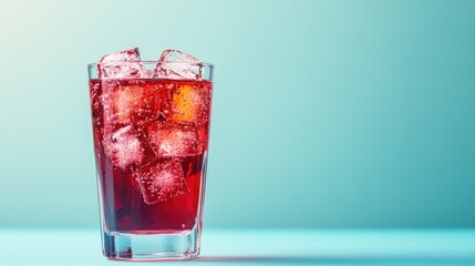A glass of cranberry juice with ice cubes, positioned on the left side, leaving ample space on the right for text or branding, with a minimal background.