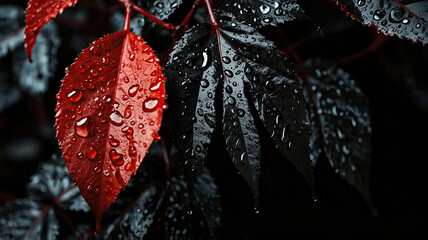 a close up of a red leaf surrounded by dark, glossy black leaves, all covered with droplets of water