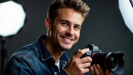 Fototapeta premium A confident photographer in a jeans jacket holds a professional camera in a well-lit studio, ready to capture creative moments.