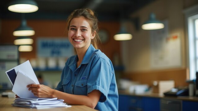 A young woman is happily sorting mail at her post office job, wearing a blue uniform, with a bright smile in a warmly lit room. Papers and envelopes are spread out before her.