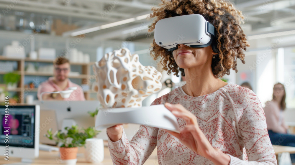Poster woman using virtual reality headset interacting with 3d printed object in modern office workspace