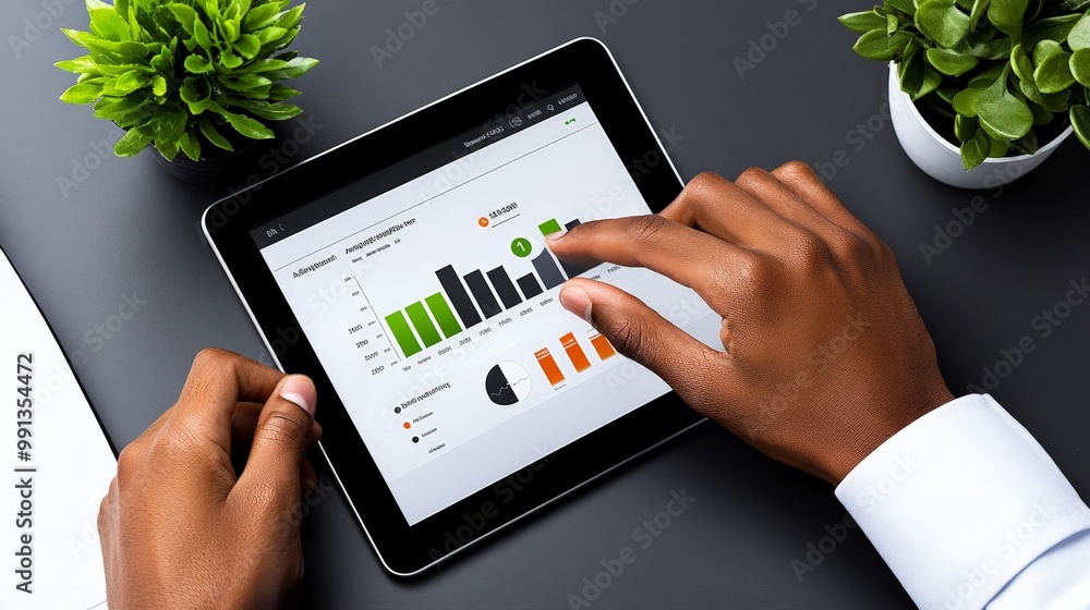 Poster analyzing data on tablet: a close-up, top-down view of a businessman's hands analyzing data on a tab