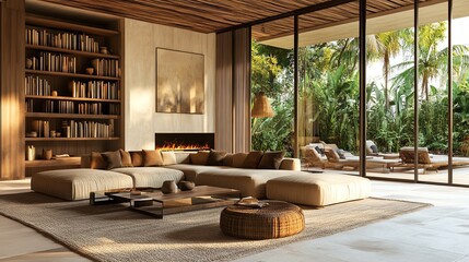 Fototapeta premium Modern living room with large windows, stylish furniture, and a serene view of nature, perfect for relaxation and comfort.