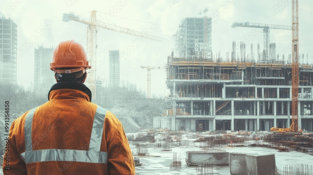 Poster a construction site in the distance with an engineer in the foreground, leaving space for copy above