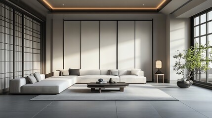 Modern minimalist living room with natural light, elegant furniture, and greenery, creating a serene and inviting atmosphere.