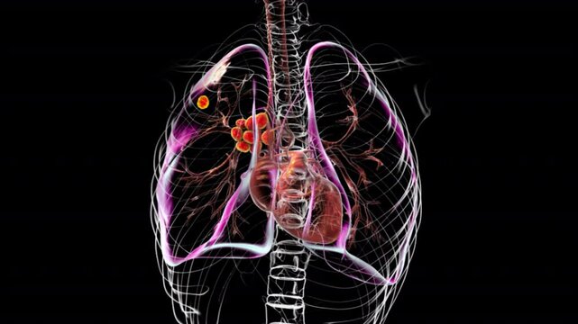 Primary lung tuberculosis, 3D illustration featuring the Ghon complex and mediastinal lymphadenitis.