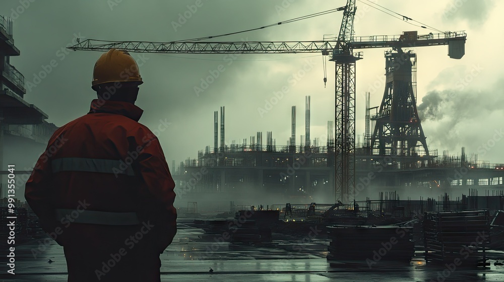 Poster a construction site in the distance with an engineer in the foreground, leaving space for copy above