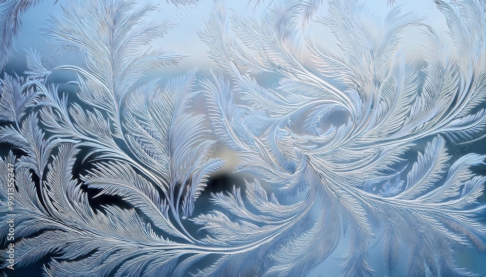 Aufkleber intricate frost patterns on a windowpane. delicate ice feathers and snowflakes against a soft blue w