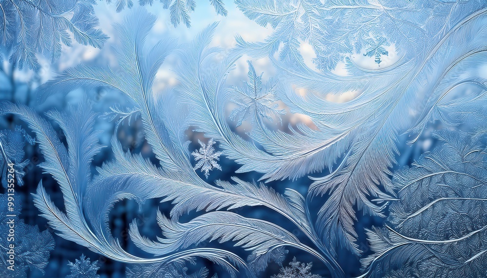 Poster Intricate Frost Patterns on a Windowpane. Delicate Ice Feathers and Snowflakes Against a Soft Blue Winter Morning Sky
