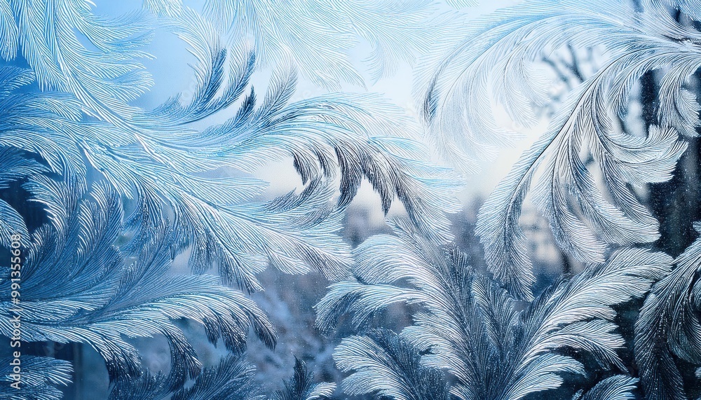 Aufkleber Intricate Frost Patterns on a Windowpane. Delicate Ice Feathers and Snowflakes Against a Soft Blue Winter Morning Sky