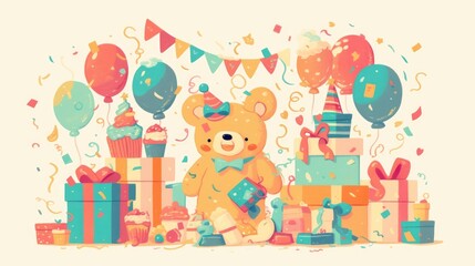 Obraz premium Festive greeting card design for birthdays and holidays featuring balloons gift boxes confetti cupcakes and a teddy bear Suitable for A4 layout Vector illustration