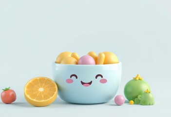 Smiling bowl with fruits on a blue background.