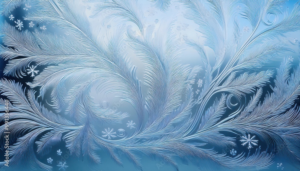 Poster intricate frost patterns on a windowpane. delicate ice feathers and snowflakes against a soft blue w